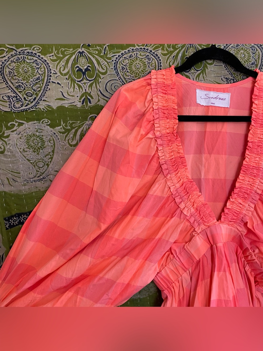 Sundress Neon Coral Alicia Glam Gingham V-Neck Puff Sleeve Romper Size XS/ S - Picture 8 of 16